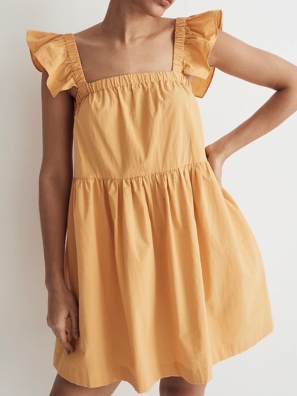 Madewell Flutter-Sleeve Square-Neck Cotton Mini Dress Yellow Size XL Babydoll